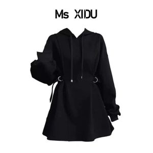 Loose Womens Hoodie Dress Mid-Length Korean Style Casual Comfortable Cotton Polyester Blend Autumn Winter Seasonal Design