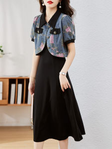 ชุดเดรสแขนสั้นลายดอกไม้สีพื้นสไตล์ลำลองสำหรับผู้หญิงในช่วงฤดูร้อนปี 2023 ชุดเดรสแขนสั้นทรงเอเอวสูงคอตั้งแขนกุด