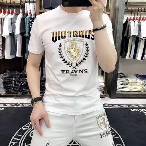 Summer New Fashion Short Sleeve T-Shirt Mens Slim Fit Trendy Letter Rhinestone Silk Cotton Half Sleeve Round Neck Tee