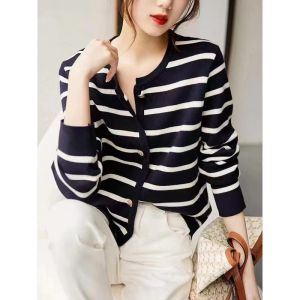 Fashionable High-End Winter Womens Knitted Cardigan Coat round Neck Long Sleeve Striped French Design Commute Style Cashmere