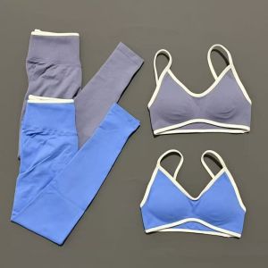 2PCS Seamless Legging Sets Womens Strappy Sports Bras and Leggings High Waist Fitness Sculpt Leggings Running Pants Gym Suits