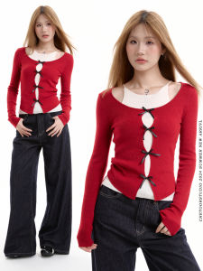 Black Short Knitted Long Sleeve Womens T-Shirt Spring Autumn 2025 New Sweet Cool Spicy Base Layer Shirt Inner Wear Top