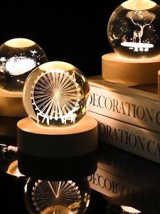 3D Crystal Ball Night Lamp with Colorful and Warm Light - USB Table Light with Wooden Base for Home Decor Birthday Gifts and Room Decoration