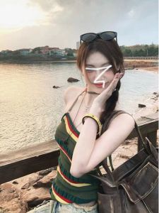 Dopamine Sweet Spicy Striped Vest Strap Women Summer New Slim Backless Beautiful Hanging Neck Tie Top Small Shirt