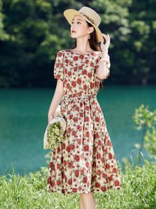Floral Print Cotton Short Sleeve Womens Dress A-Line Mini Dress Slimming Waist Design Summer New Style French Country Style
