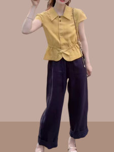 Shalldoer | Anti-Aging High-End Set Womens Summer Fashion Polo Collar Waist-Cinching Short Sleeve Casual Pants Two-Piece Ensemble