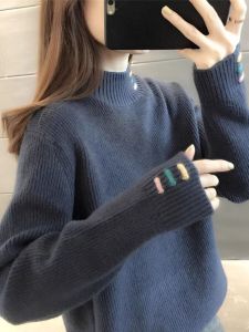 Womens Thickened Half-High Collar Knitted Sweater Embroidered Pure Color Winter Outerwear Korean Style Warm Bottom Shirt
