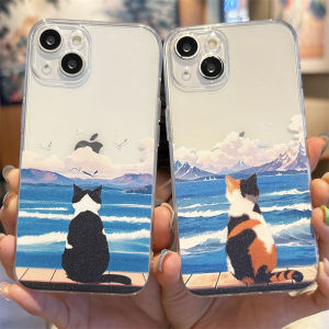 Creative Cat View Sea Phone Case  Style Couple  17 XR Transparent Soft Shell 16 15 pro Max 14 plus 13 12 Mini 11