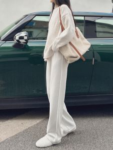 White Narrow Knitted Wide Leg Pants Womens Autumn Winter New Style Wool Blend Fleece Lined Straight Cut Trousers