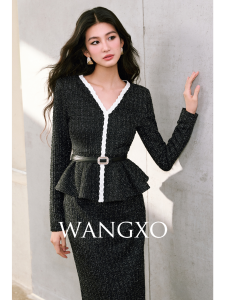 WANGXO | Bộ Đồ Thun Lụa Bóng V-Neck & Chân Váy Cao Waisted Handmade