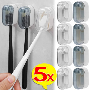 Dizoey 1-5Pcs Toothbrush Holders With Cover Punch-free Wall-mounted Toothbrush Holders Self-adhesive Dust-free Bathroom Storage Racks