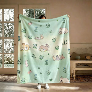 BILIBILI | Cute Meadow Bunny Print Flannel Blanket Perfect for Sofa Office Bed Travel Sleep Read Relax Camping Four Season Use