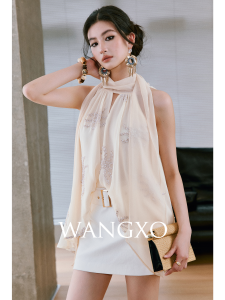 WANGXO | Custom-made Hollow-out Neck Leopard Print Beaded Lace-up Shirt
