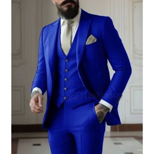 High-Quality Blue Real 3-Pieces Suit for Men Slim Fit Business Formal Office Casual Wear Daily Fashion Party