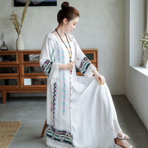 Summer New plus Size Travel Outerwear Sun Protection Long Cardigan Coat Big MM Style Fuzzy Fringe Ethnic Style V-neck Cotton Blend