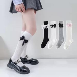 Summer Children Long Tube Socks Solid Color Thin Breathable Mesh Stockings For Girls Bow Princess Cotton Kids Socks 3-12Years