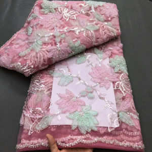 Chất Lượng Cao Nigeria Cao Cấp Voan Châu Phi Pháp Kim Sa Lấp Lánh Phối Ren 5 Thước Cho Váy Cưới Nữ May A4316