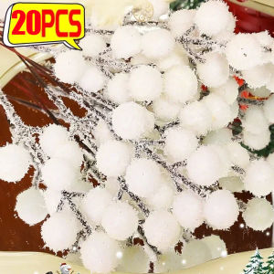 20Pcs Christmas Snow Tipped Berry Branches Artificial White Berries Fake Flower DIY Wreath Xmas Tree Wedding Party Decoration