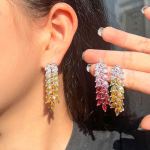 SEQUITO New Fashion Ladies Jewelry Silver Plated Full Pave Setting Multicolor Baguette Cut AAAAA Cubic Zirconia Leaves Shape Long Drop Dangle Earrings for Women Anniversary Gift SE877