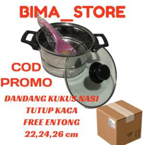 DANDANG KUKUS/ MASAK NASI / PANCI KUKUS 24cm STAINLES TUTUP KACA FREE ENTONG