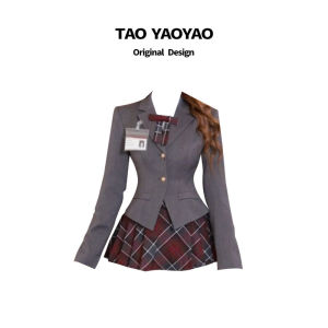 Phong Cách Hàn Quốc Đồng Phục Đại Học Preppy Jk Vòng Eo -Bộ Đồ Băm Bông Áo Khoác Nữ Mùa Thu Mùa Đông Bộ Cao Cấp Mới Vòng Eo Kẻ Caro Ve Áo Quần