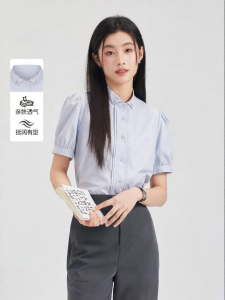 Blue Puff Sleeve Design Sense Commuter Blouse Thin Fabric Stand Collar Short Sleeve