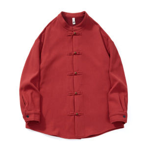 Red Fleece Lined Stand Collar Long Sleeve Mens Shirt Vintage Chinese Style Zhongshan Suit Casual Loose Fit Youth Fashion