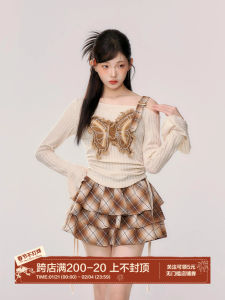 Pure Style Butterfly Off-Shoulder Long Sleeve Top and Check Plaid Layered Skirt Set