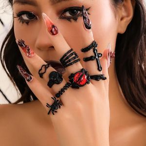 Ingemark | 9Pcs/Set Goth Black Devil Eye Skull Spider Palm Rings for Women Vintage Cross Jesus Love Heart Rings Halloween Jewelry Gift New