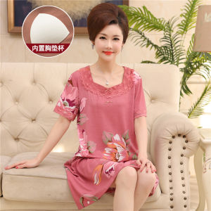 Lightweight Modal Sleepwear Short Sleeve Midi Dress Home Clothes for Middle-Aged Women with Chest Pad Floral Lace Trim Summer Nightgown