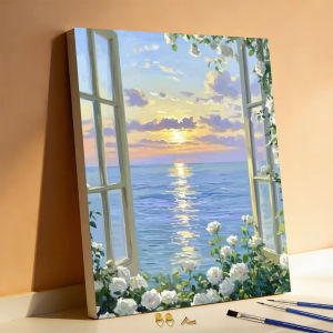 Jigsaw Puzzle Beautiful Window Sea View With White Rose Flower Landscape For Adults Family Fun Relaxing Brain Teaser Gift