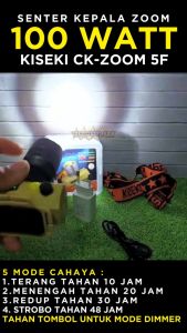 Senter Kepala KISEKI 100W Lensa Zoom 5F Terbaru Tahan 30 Jam Baterai 4500mAh Tahan Air Dan Benturan Ready Cahaya Kuning Dan Putih Cas USB Tipe-C Headlamp | Headligt LED Rechargeable | TOKO SINAR AUDIO