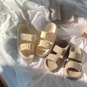 XIXITIAO Simple and Comfortable Women's Solid Color Summer Indoor Slippers with Creative Double Straps and Soft Soles for Bedroom Use