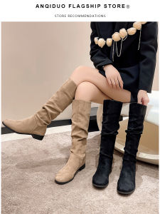 Spring Autumn High Tube Thin Retro Folded Edge Long Boots Womens Western Style Knight Boots Korean Version Short Tube PU Leather