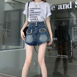 ผู้หญิงกางเกงขาสั้นยีนส์เอวสูง A-line กางเกงสองเท่าปุ่ม