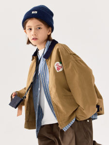 แจ็คเก็ตทำงานเด็กชาย แจ็คเก็ตคอปกพับสไตล์อเมริกันย้อนยุคพิมพ์ลายสีบล็อก แจ็คเก็ตเด็กชายฤดูใบไม้ผลิและฤดูใบไม้ร่วง