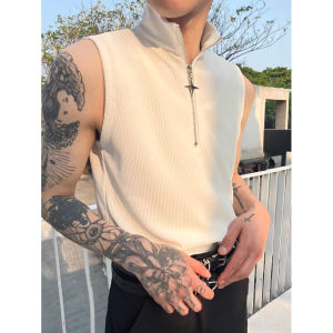 Half Turtleneck Zipper Vest Mens Padded Shoulder Stylish Sleeveless T-Shirt Ice Silk Thread Waistcoat Cool Bottoming Vest