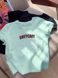 Mint Green Short Sleeve T-Shirt Womens Fashion Slim Fit High Waist Short Length round Neck Print Top Summer New Arrival