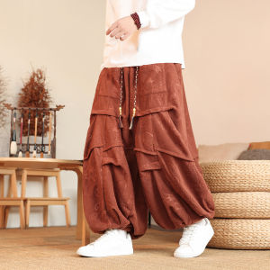 Mens Harlan Wide Leg Lantern Pants Winter Loose Fit Dragon Pattern Orlon Tencel Casual Pants Chinese Style Polyester Fiber