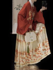 Muhua Original [Year-Old Fish] Womens Han Chinese Clothing Ming Jacquard Square Collar Pipa Sleeve Embroider Horse-Face Skirt Autumn and Winter