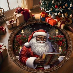 Thảm Tròn Giáng Sinh VIKAMA Màu Đen Họa Tiết Ông Già Noel Đọc Sách Viền Trang Trí Cầu Kỳ Thảm Trang Trí Cho Phòng Khách Phòng Ngủ Phòng Ăn