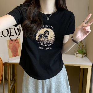 Slim Fit Short Sleeve Pure Cotton Black T-Shirt Womens Summer New Style Fashion Brand Commute Korean Style round Neck Top
