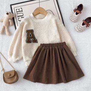 Bear Leader 3-7 Year Old Autumn and Winter Plain Kids Clothes Girls Long Sleeved Plush A-line Top+Short Skirt Two-piece Set