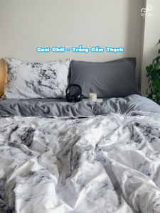 Bộ chăn mền ga gối GONI CHILL màu Trắng Cẩm Thạch - Ga drap giường bo chun cao 4-25cm kích thước 1m 1m2 1m4 1m6 1m8 2m2