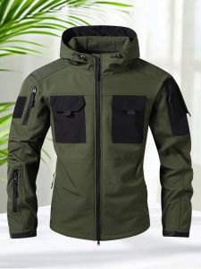 Waterproof Jacket Men Outdoor Softshell Hiking Jacket Hunting Coat Multi-Pockets Military Hooded Fleece Lined Rain Resistent
