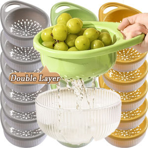 ตะกร้าสะเด็ดน้ำสองชั้นที่มีแถบระบายน้ำที่ดีด้ามจับหนาตะกร้าเก็บของใช้ในครัวประหยัดพื้นที่สำหรับผลไม้ผัก