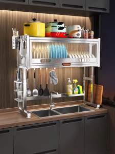 LivinEase Stainless Steel Over Sink Dish Rack Adjustable Height Multifunctional Kitchen Storage Cabinet with Clear Acrylic Door&Wood Handle
