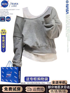 Casual Short Sweatshirt Womens Style NASA Korean Lazy Fashion U-Neck Two-Piece Set Long Sleeve Polyester Fiber Long Pants