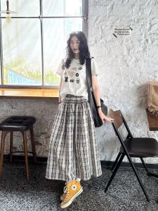 VKSOD | Vintage Style Floral Print Round Neck Short Sleeve T-Shirt And Plaid Mini Skirt Set Womens Clothing Korean Girls Fashion