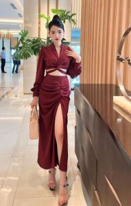 Sét Áo Thắt Dây Chéo Eo Kèm Chân Váy Xẻ Tà Sang Chảnh Chất Phi Thái Cực Đẹp 5 Màu Đen Đỏ Cam Xanh Trắng - mẫu HOT siêu sang quý phái